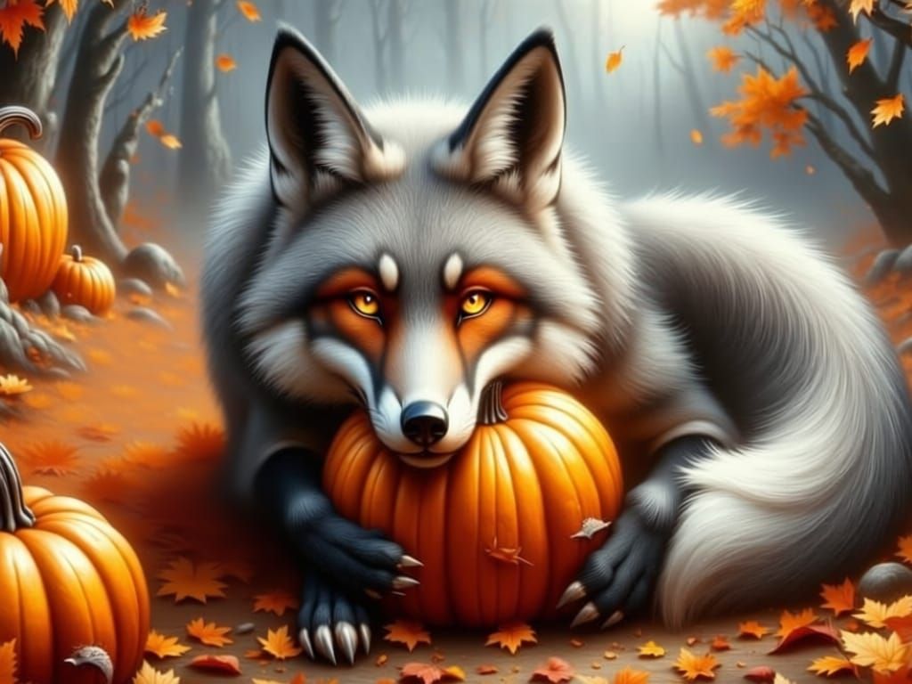 Silver fox with pumpkins and fall leaves.