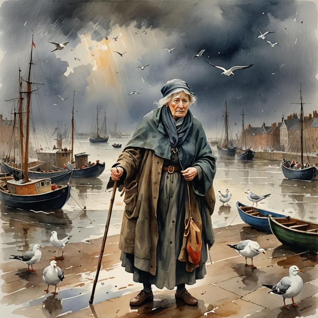 Old Woman on Quayside in Turner Watercolour