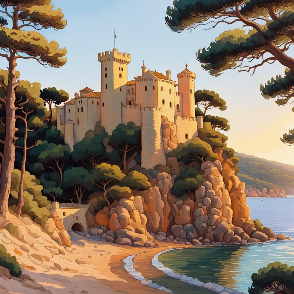 Mediterranean Castle in Catalonia: Klimt-Inspired Gouache Sk...