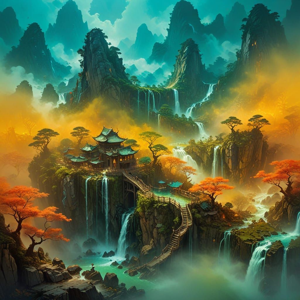 Ancient Jade Waterwheel in Serene Mountain Valley