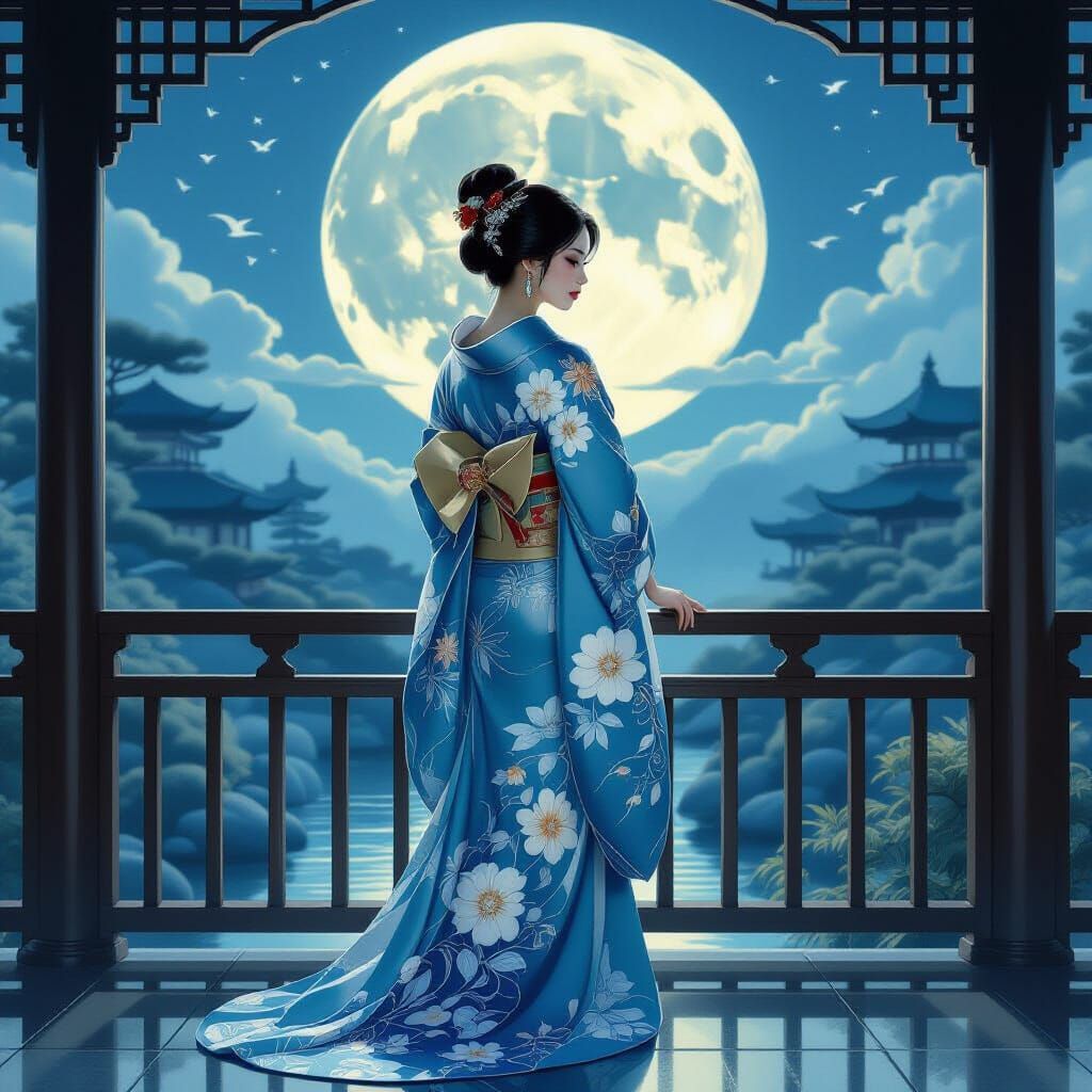 Elegant Asian Woman in Silk Kimono Overlooking Moonlit Garde...