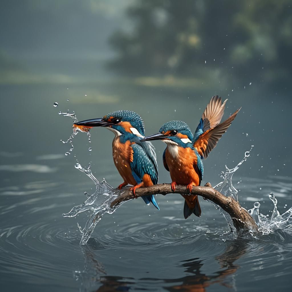 Kingfisher Bird Captures Fish, Detailed Digital Art