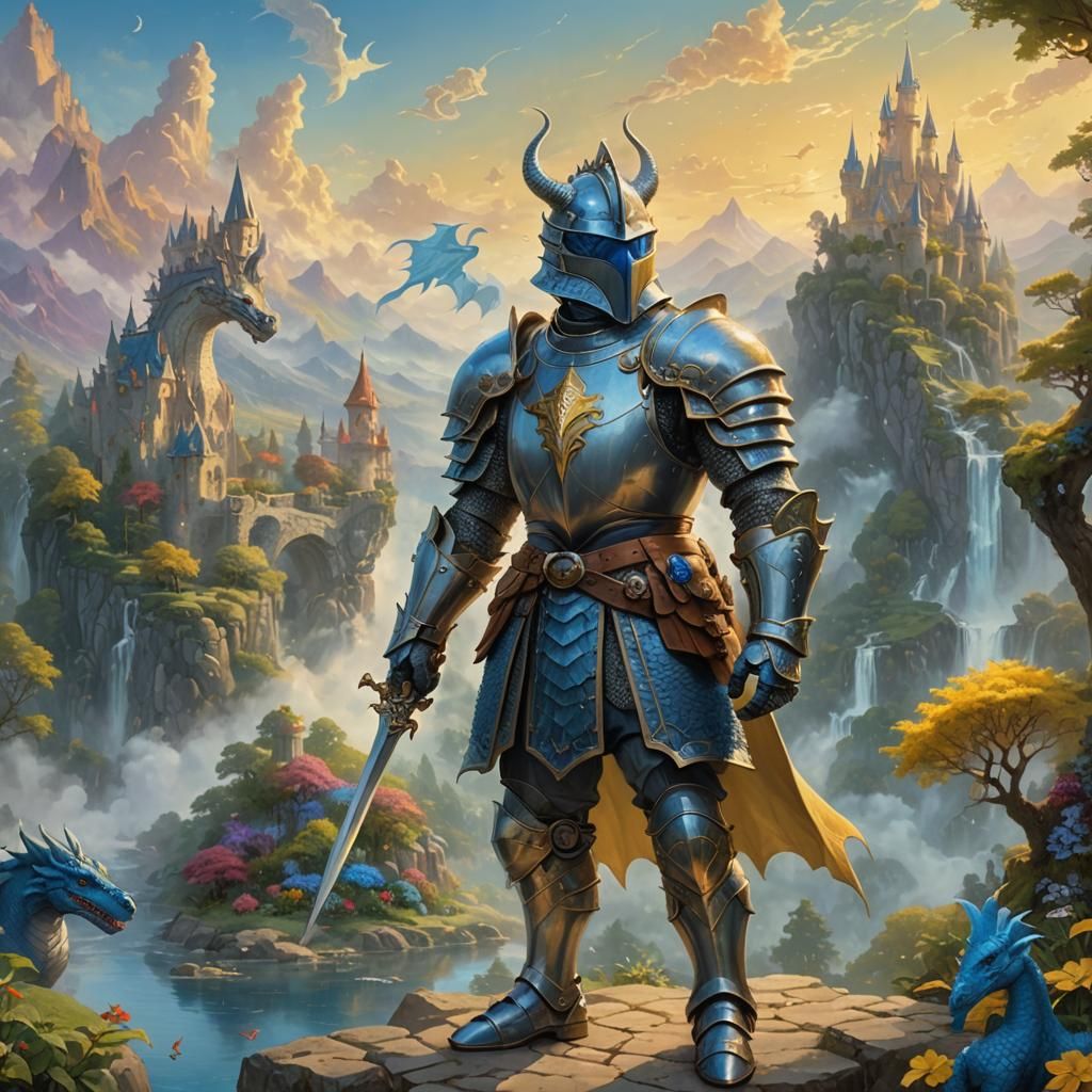 Fantasy Knight with Dragon in Dreamy Landscape