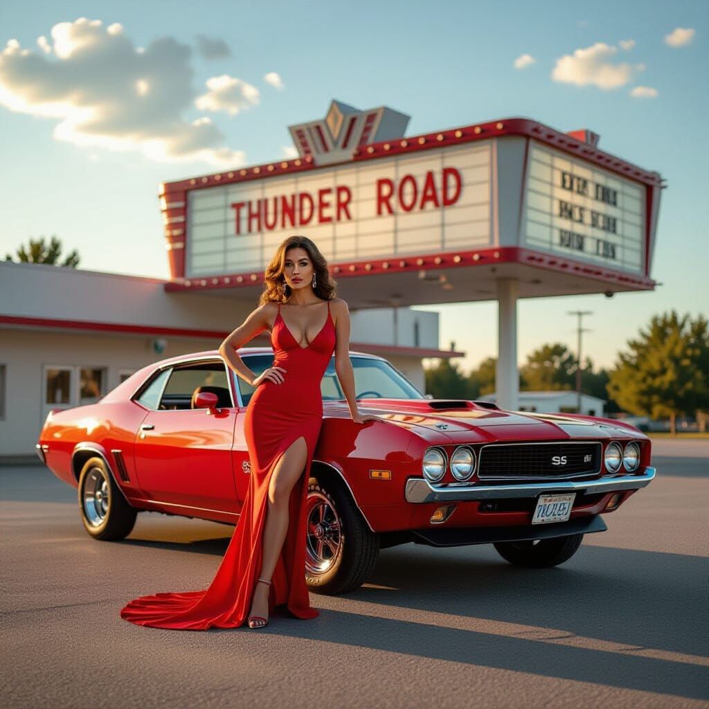 1970s Muscle Car and Woman at Drive-In Theater