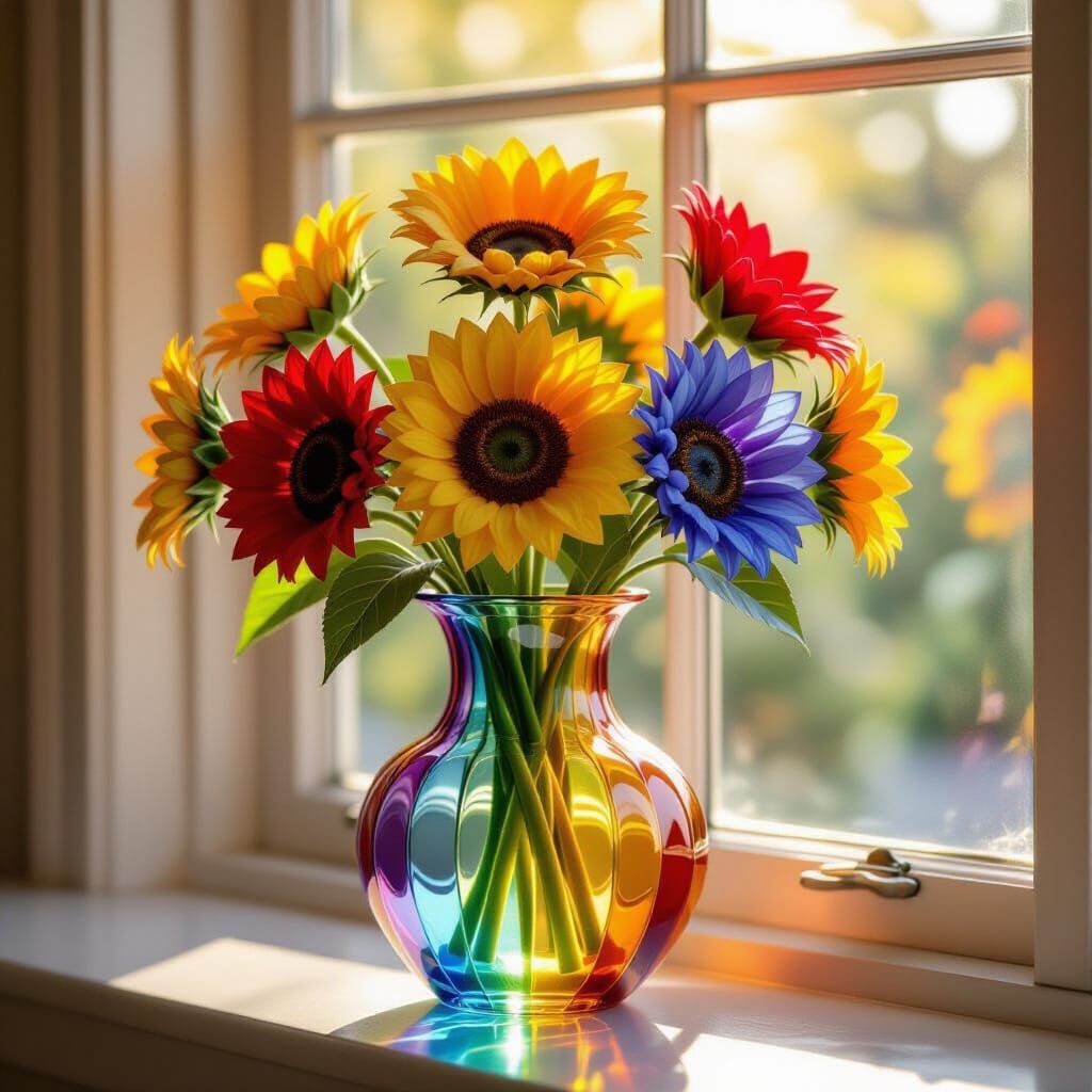 Glass Sunflowers in Prism Vase with Golden Light