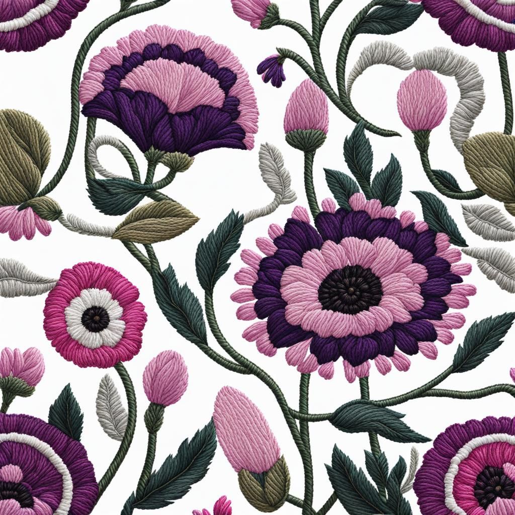 Stitched Floral Embroidery Art of Purple and Pink Flowers