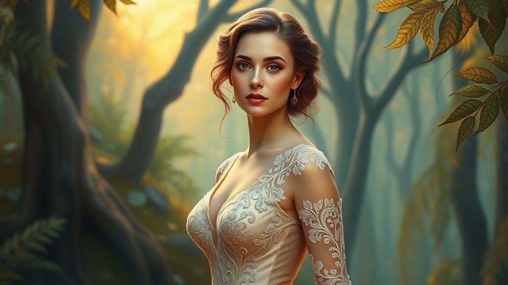 Elegant Woman in Mystical Forest Landscape