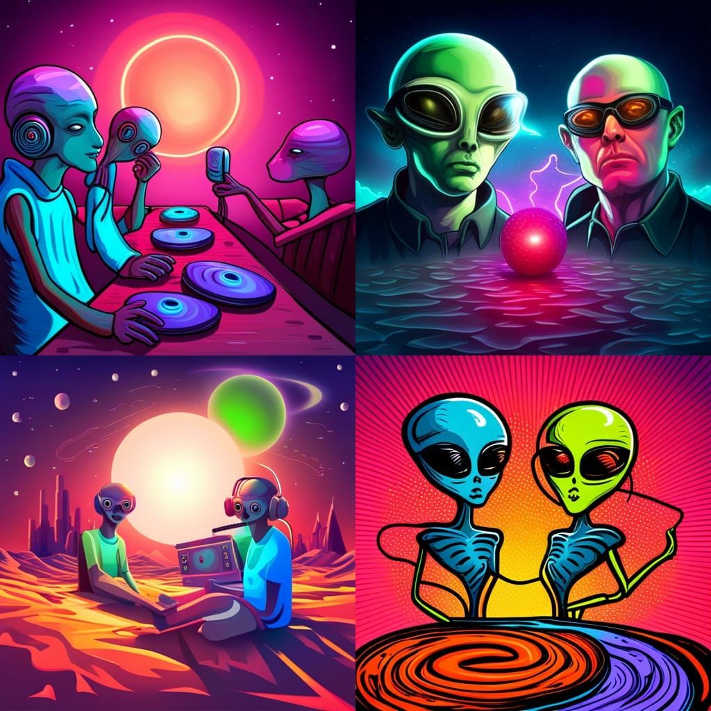 Alien Techno DJs on Neon Graffiti Beach Planet