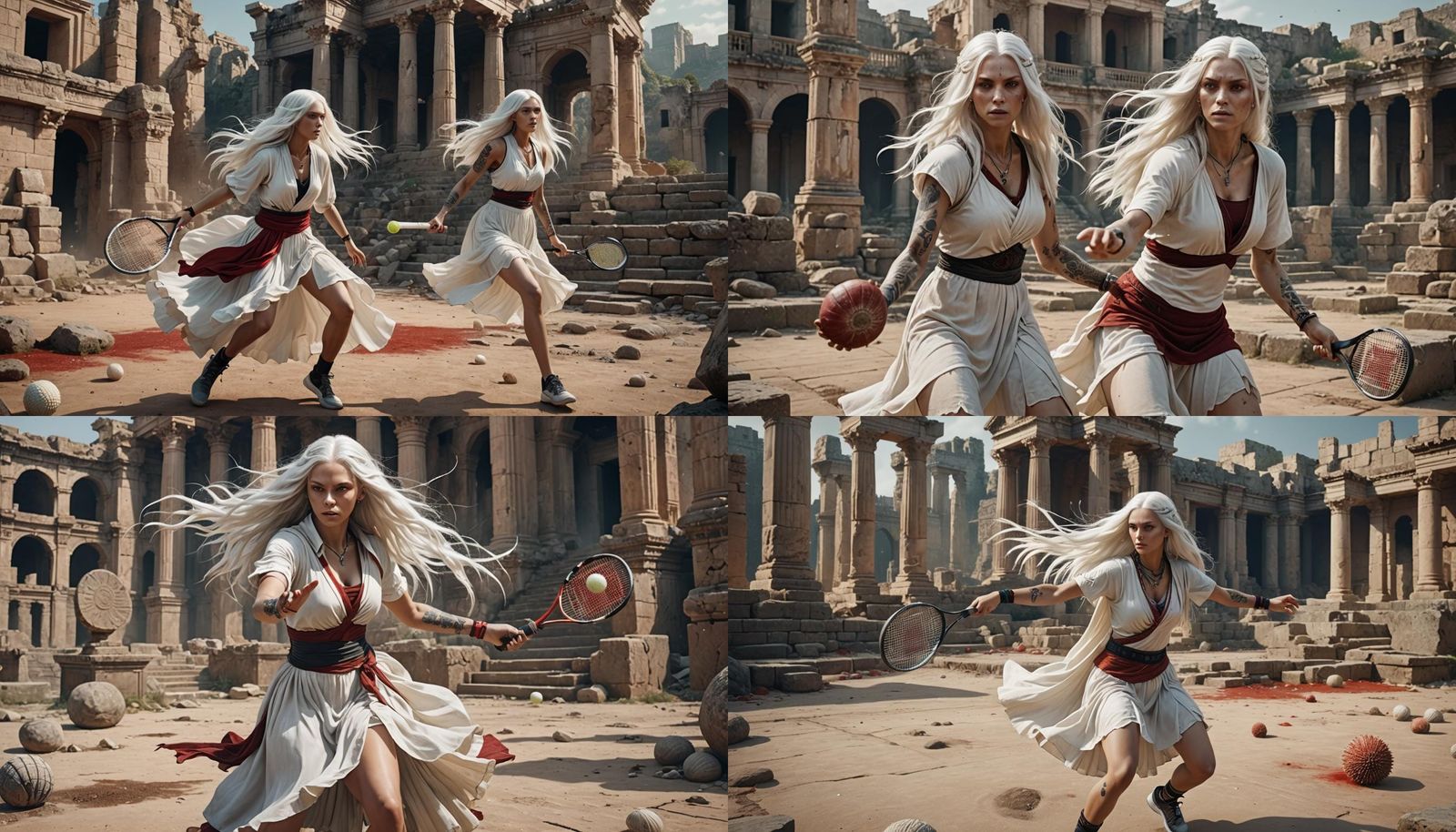 Girl Plays Tennis With Sea Urchin Among Ruins