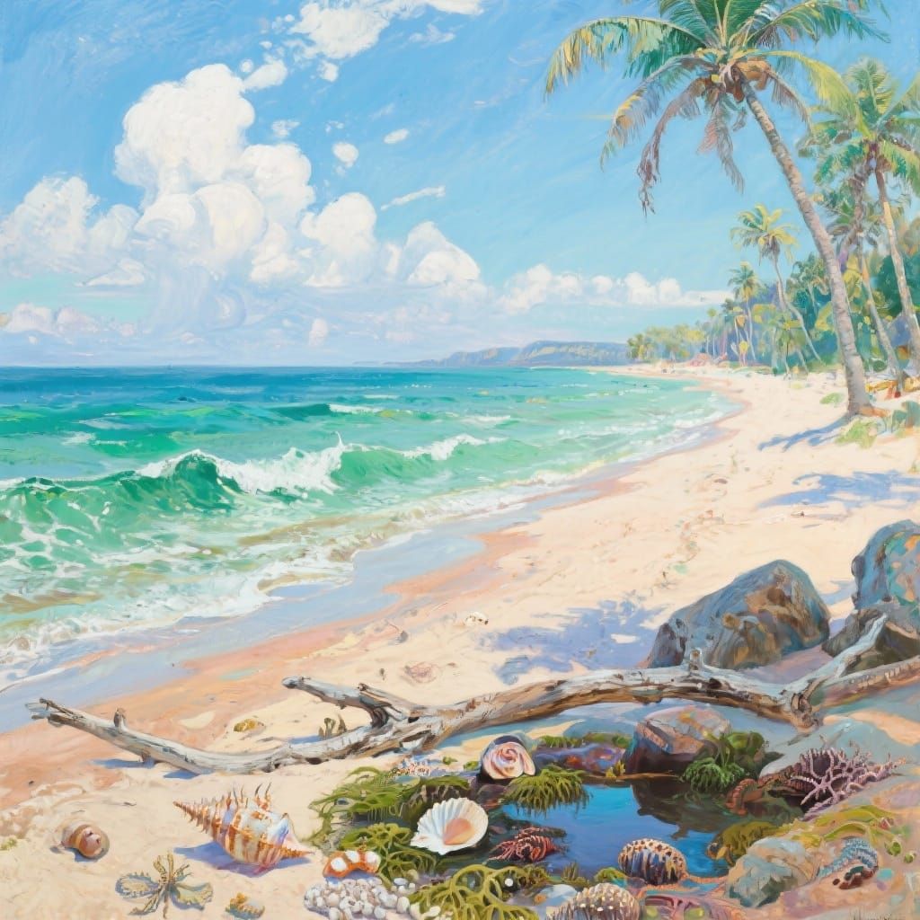Sunlit Beach Scene with Palm Trees and Waves