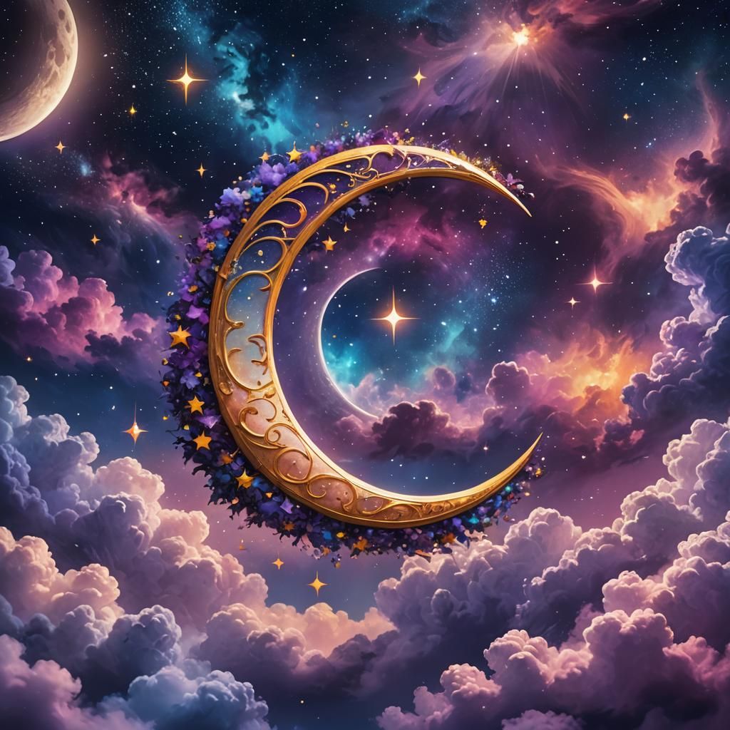 Glowing Crescent Moon 'C' in Celestial Dreamscape