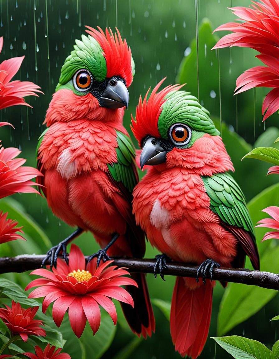 Hyperrealistic Pink Birds in Rainy Garden
