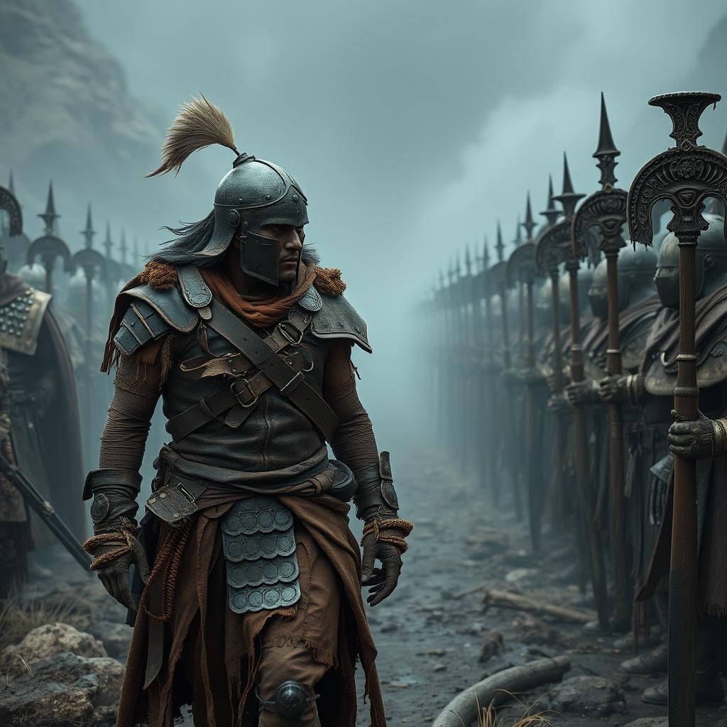 Ancient Warrior Inspects Troops in Wilderness Camp