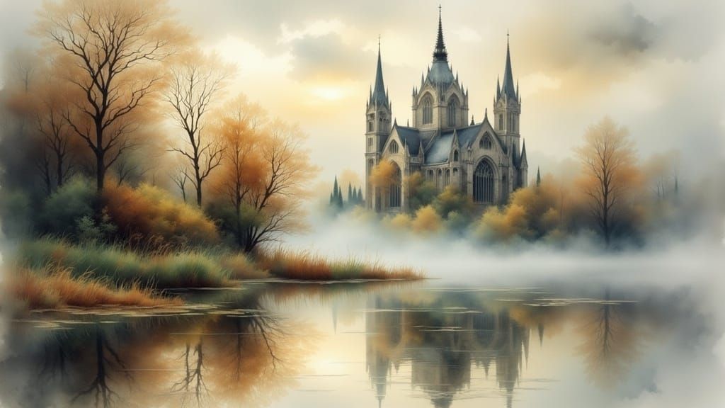 Gothic Cathedral in Misty Lake: Antique Watercolor