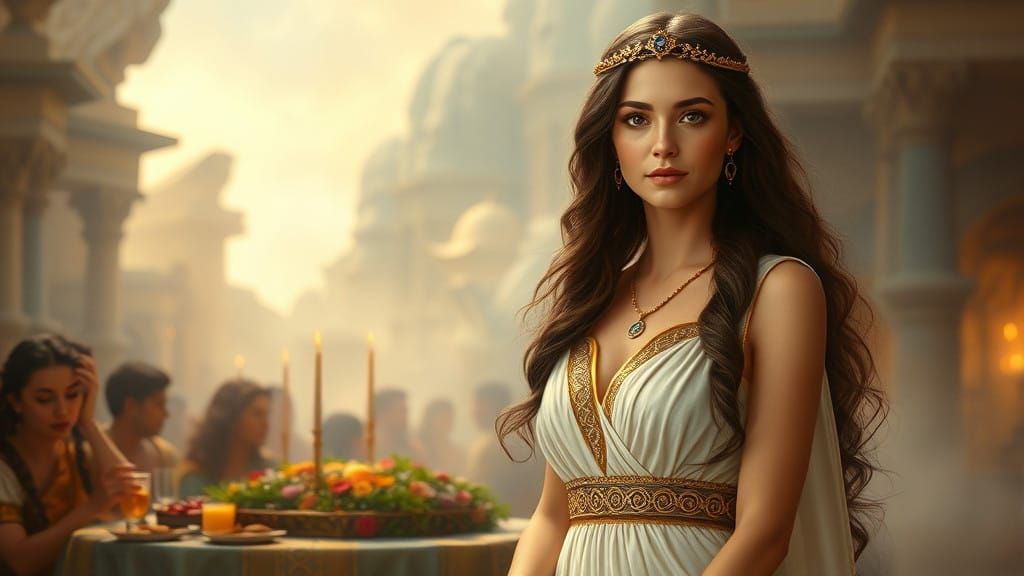 Ethereal Princess at Ancient Greek Feast in Whimsical Style