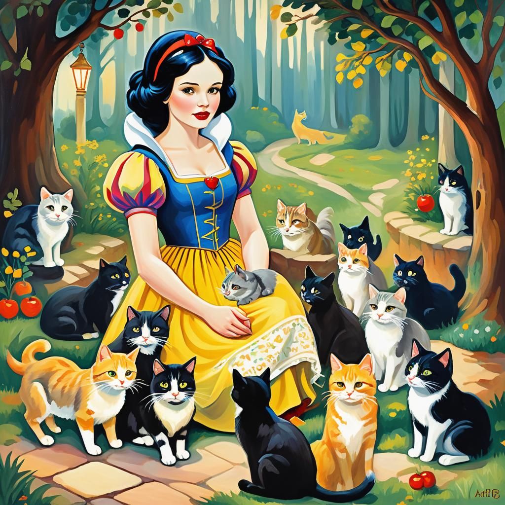 Snow White and Seven Cats: Post-Impressionist Acrylic Art