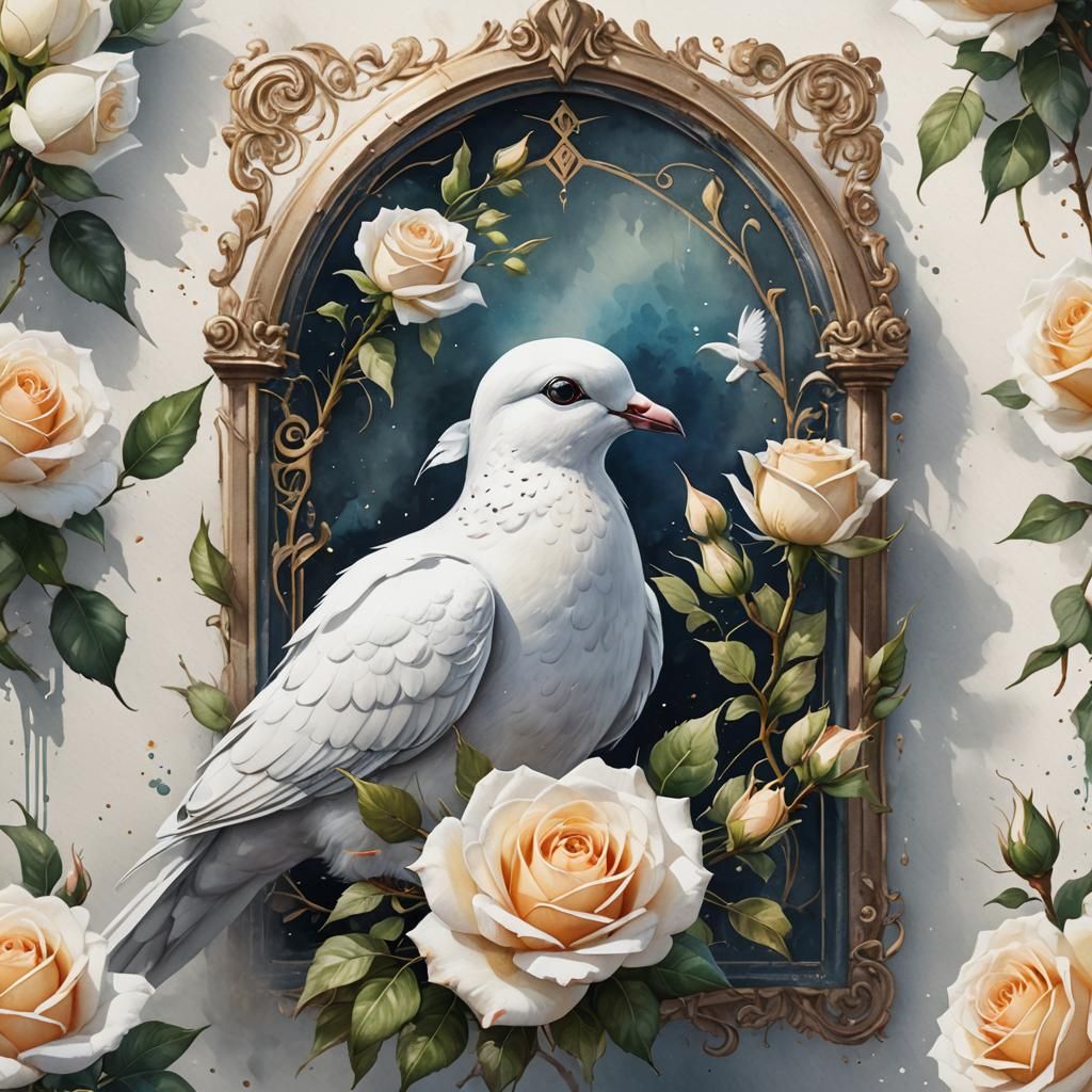 White Dove and Rose Watercolor Portrait