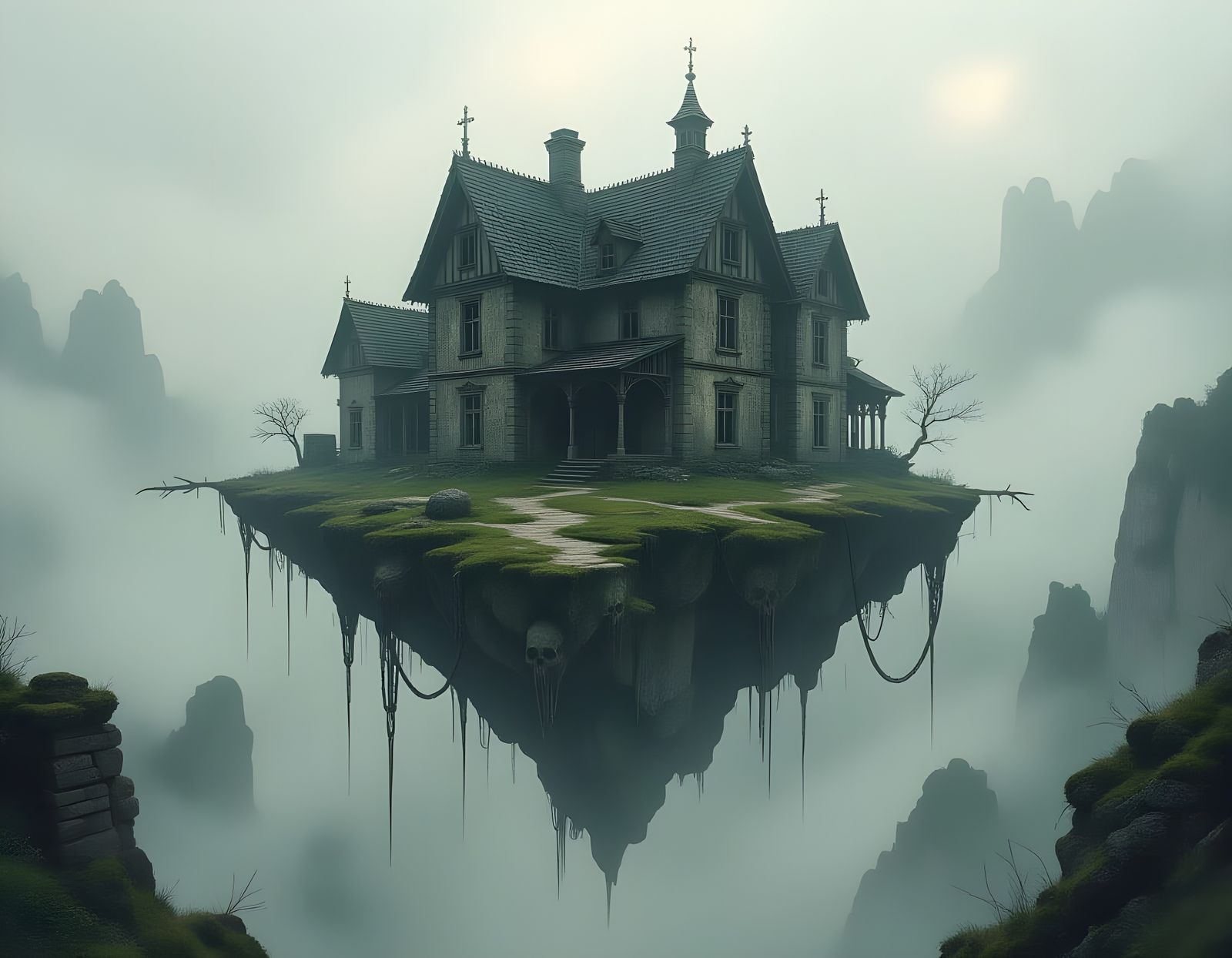 Surreal Gothic Island Chained to Earth with Bones