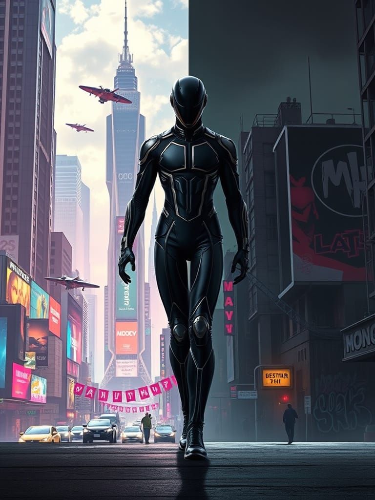 Futuristic Figure Stands at Crossroads of Two Contrasting Ci...