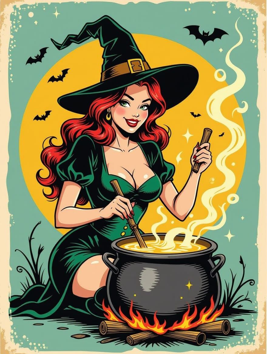 Pinup Witch Stirring Cauldron Caricature