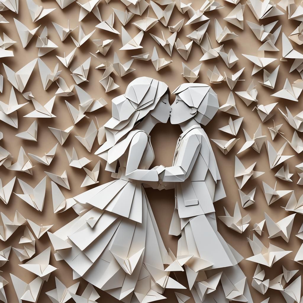 Origami Bride and Groom Kissing in Papercraft Style