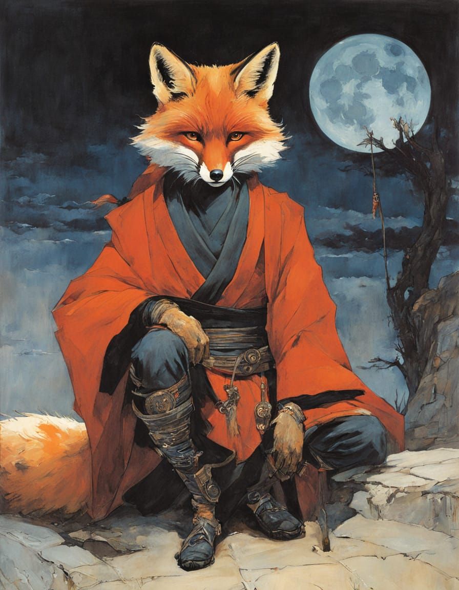 Moonlit Fox Ninja in Japanese Art Style