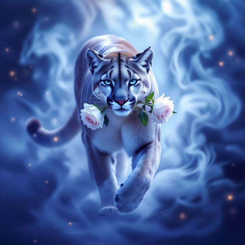 Elegant Puma With Rose in Mystical Smoke