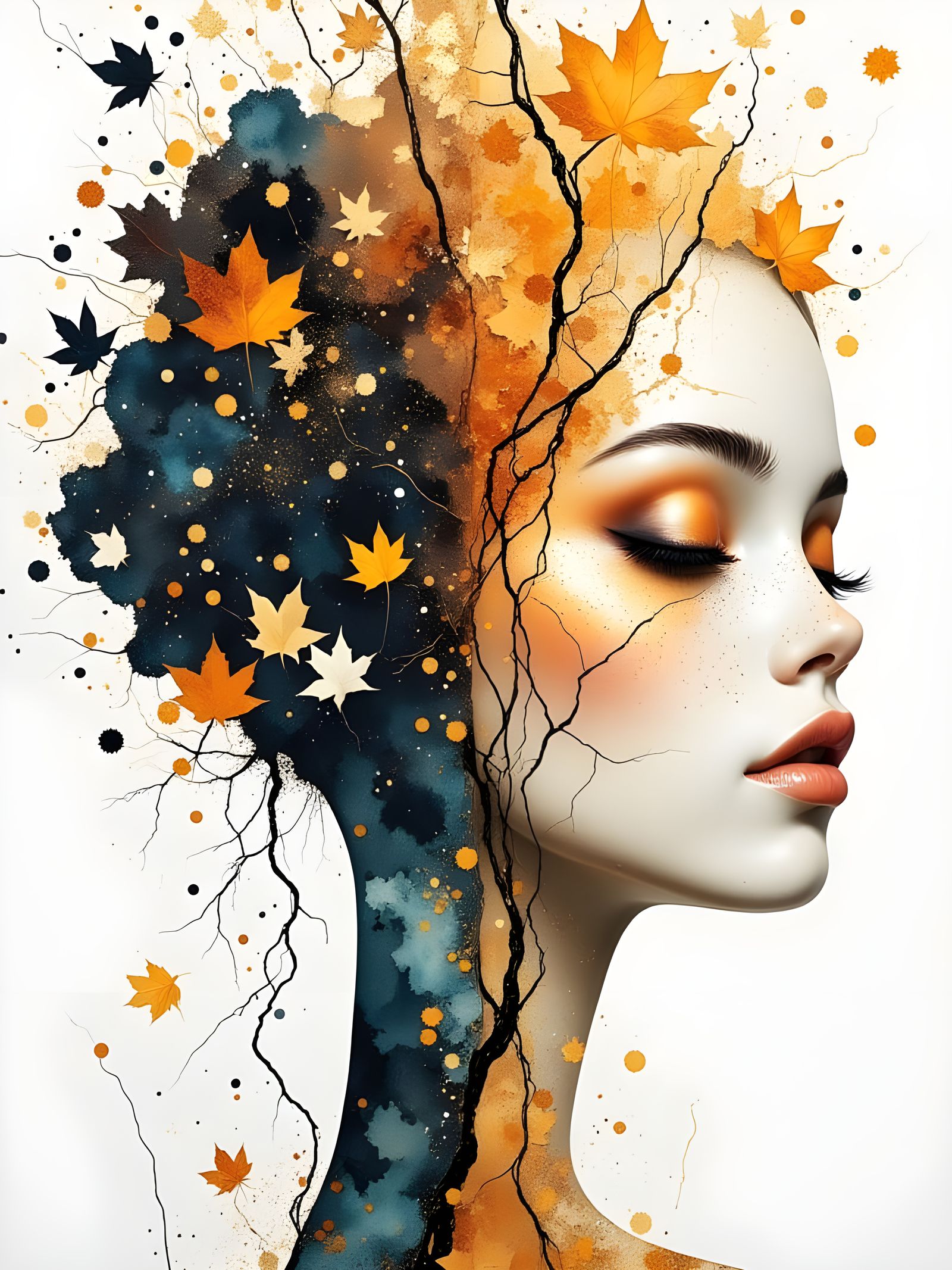 Autumn Goddess Split into Two Seasons in Vibrant Art Nouveau...