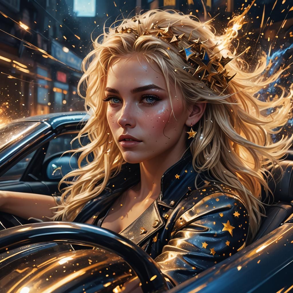 Hyperrealistic Blonde Driver in Smoking Wheels Car