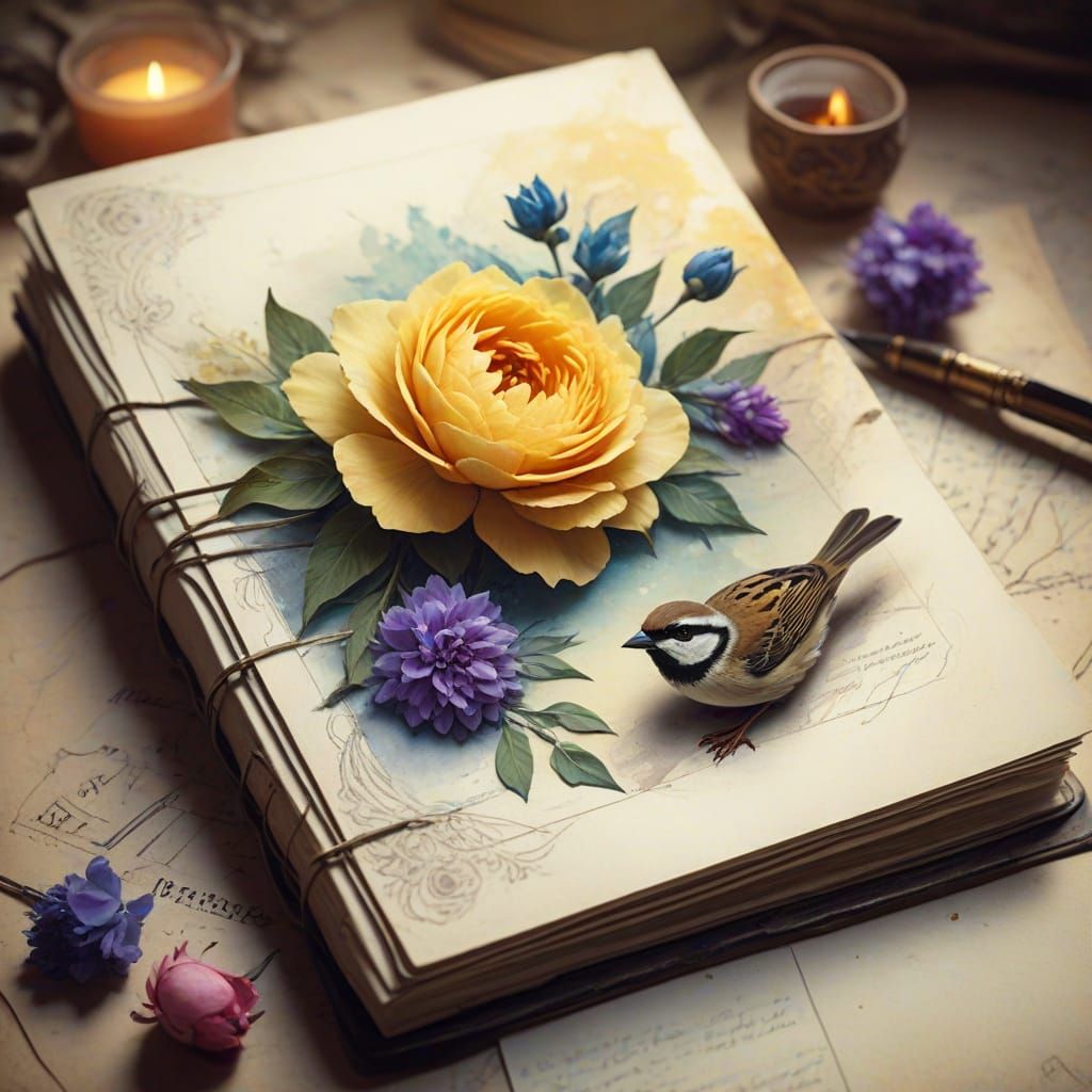 Whimsical Cosmic Floral Scene with Bird Nest