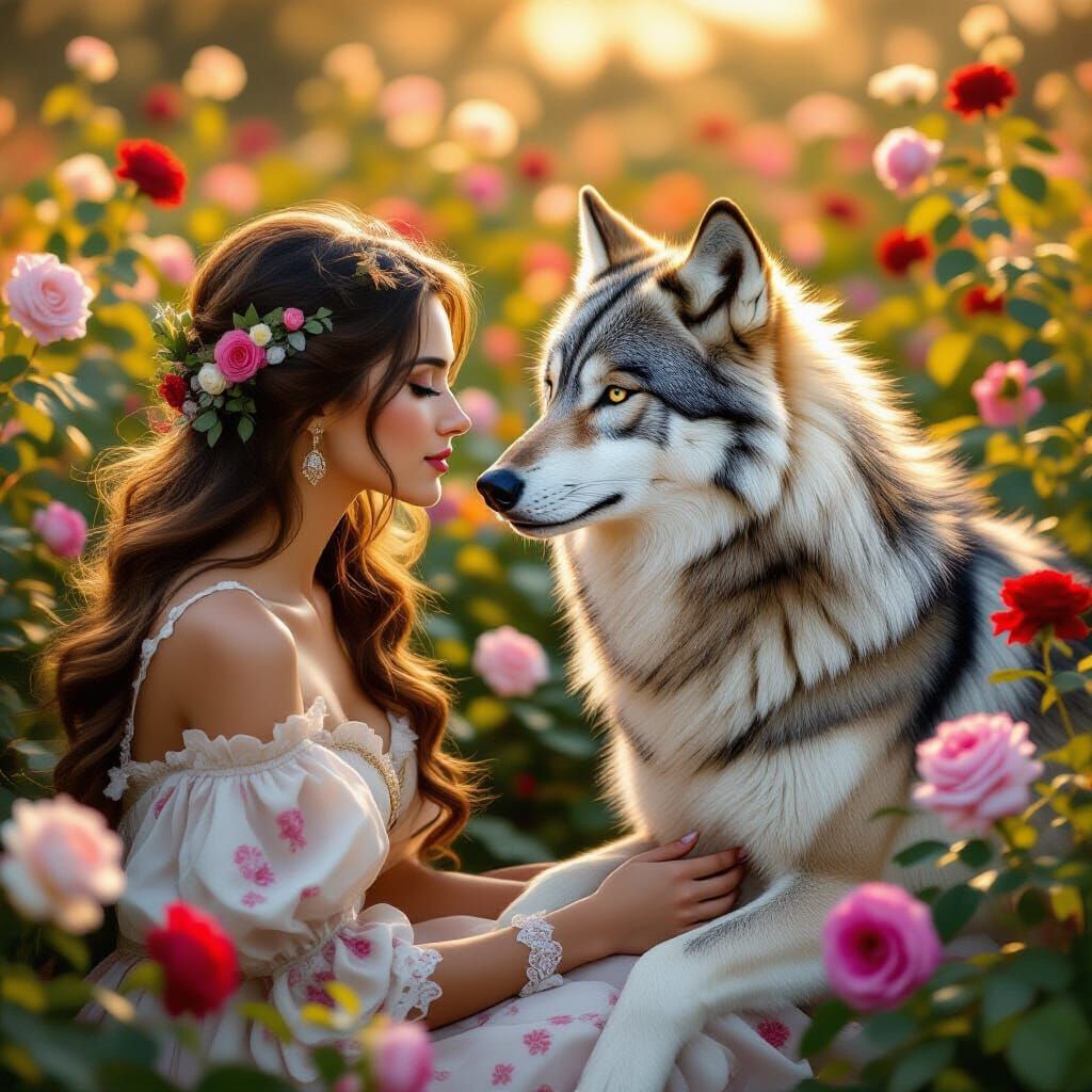 Woman and Wolf in Rose Garden, Pre-Raphaelite Style