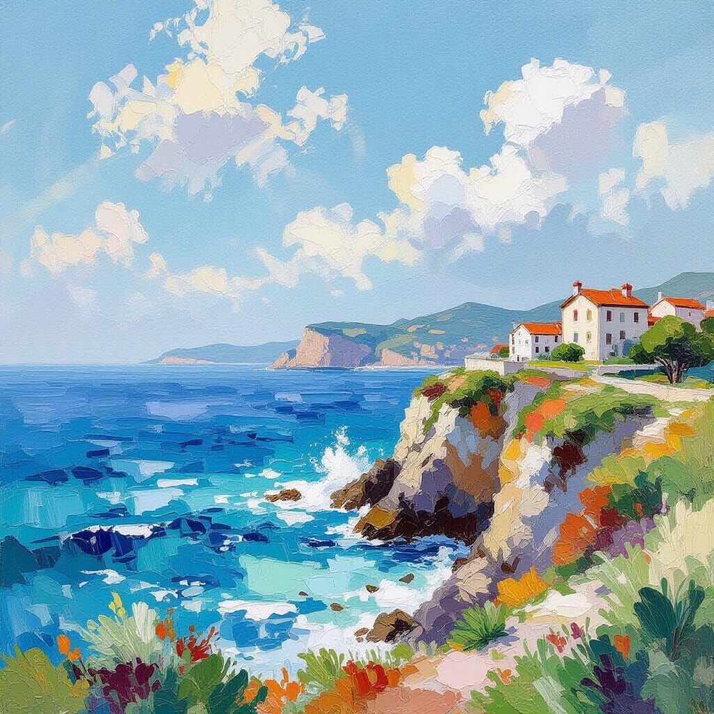 Seascape Cliff in Gouache and Watercolor Style