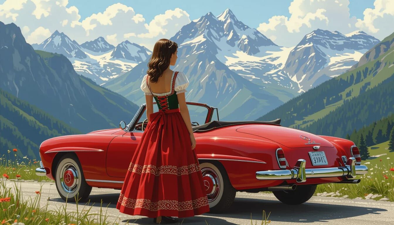 German Girl with Vintage Mercedes in Alps, Realistic Style