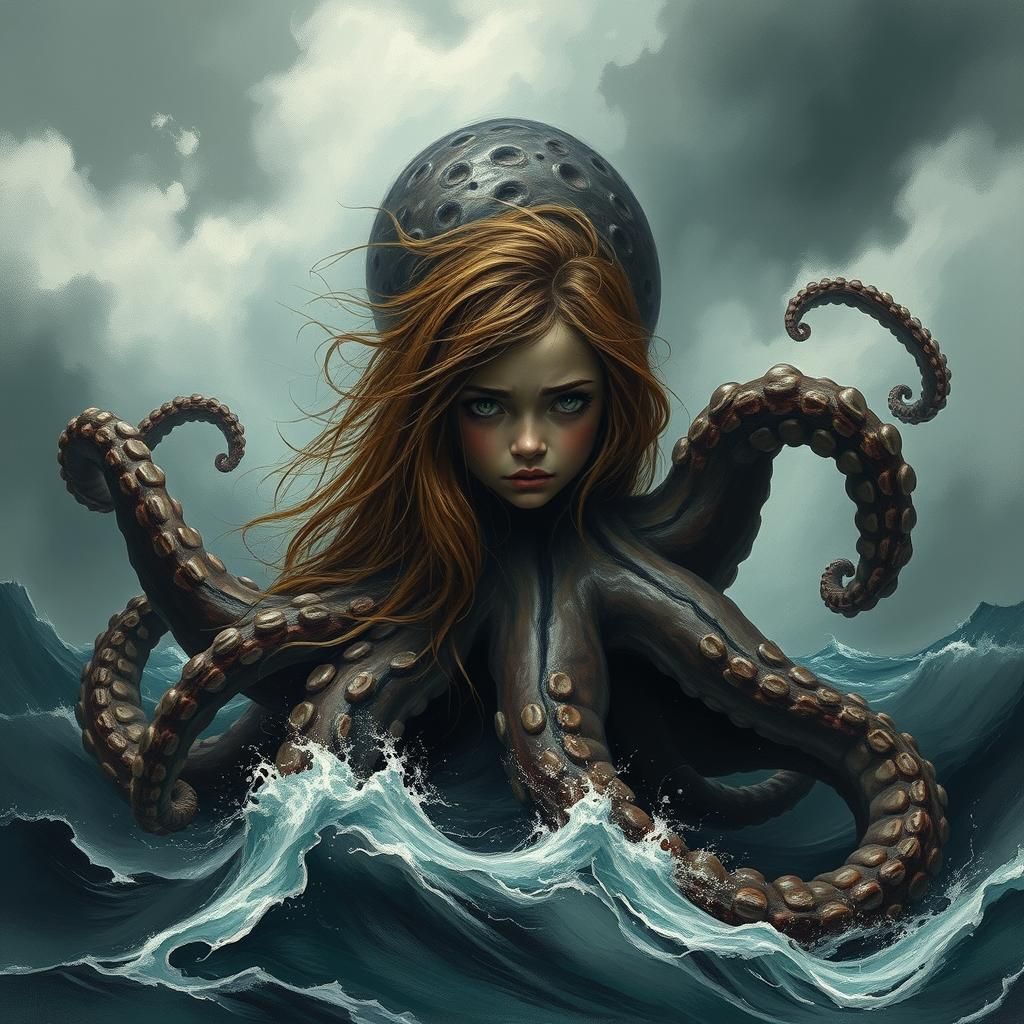 Girl and Octopus in Dark Fantasy Style