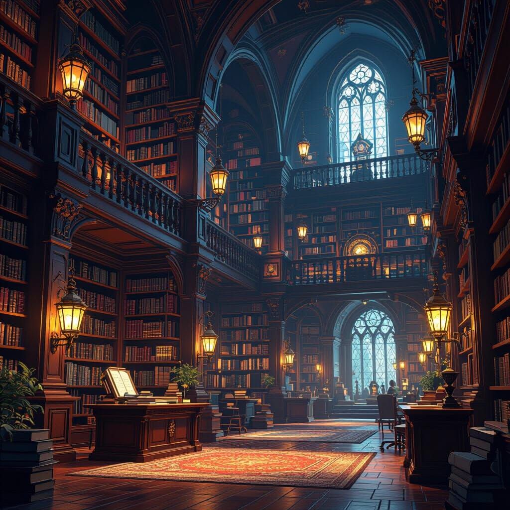 Majestic Enchanted Library in Vibrant 3D Animated Style