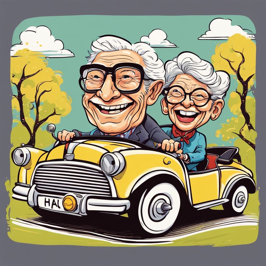 Happy Elderly Couple in Funky Caricature Style