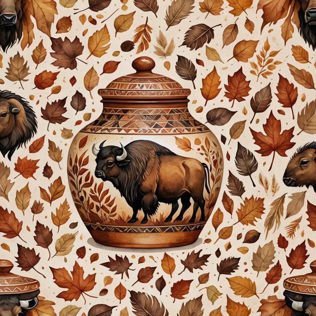 Native American Ceramic Art with Bison and Autumn