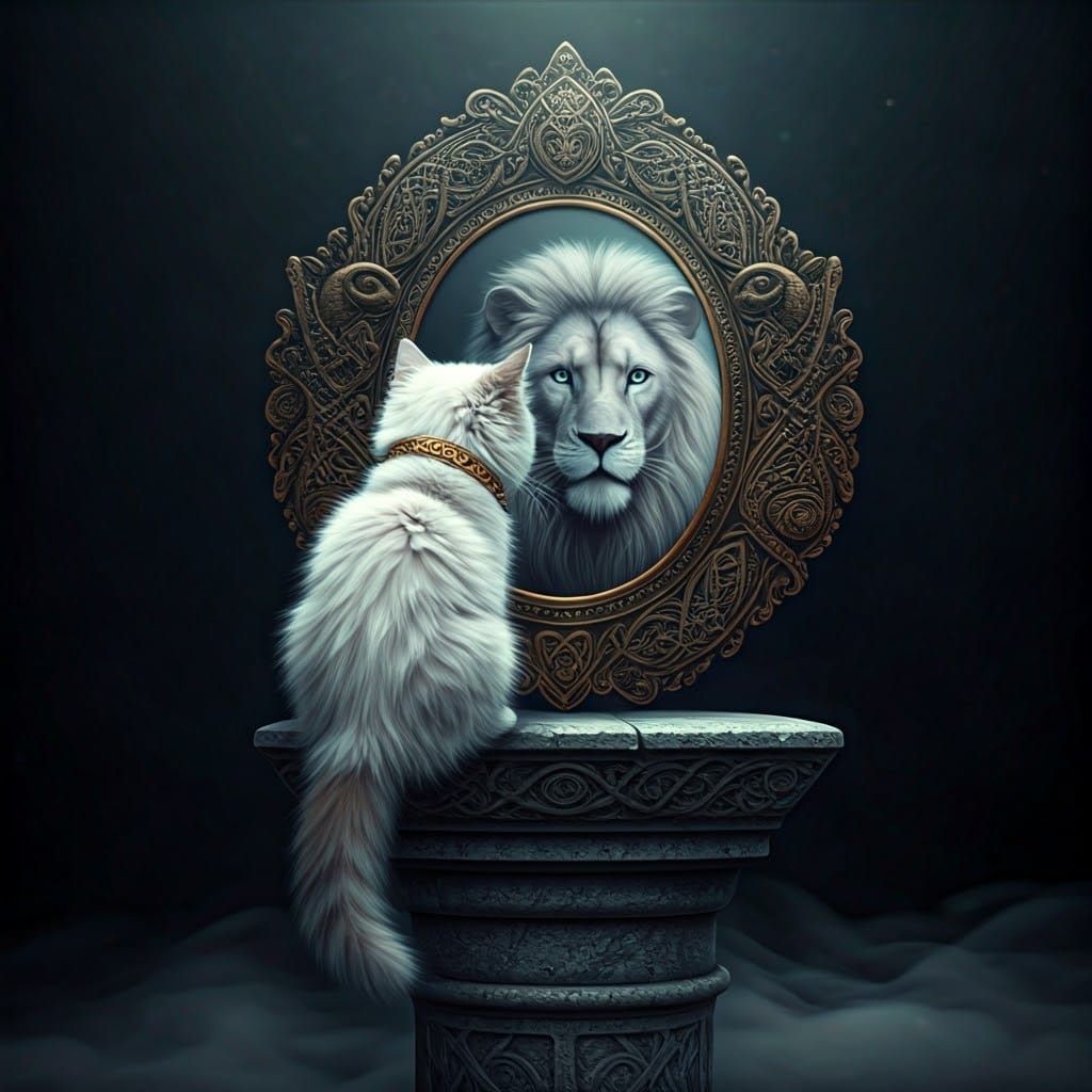 Mystical Kitten's Reflection: A Dark Fantasy Lion
