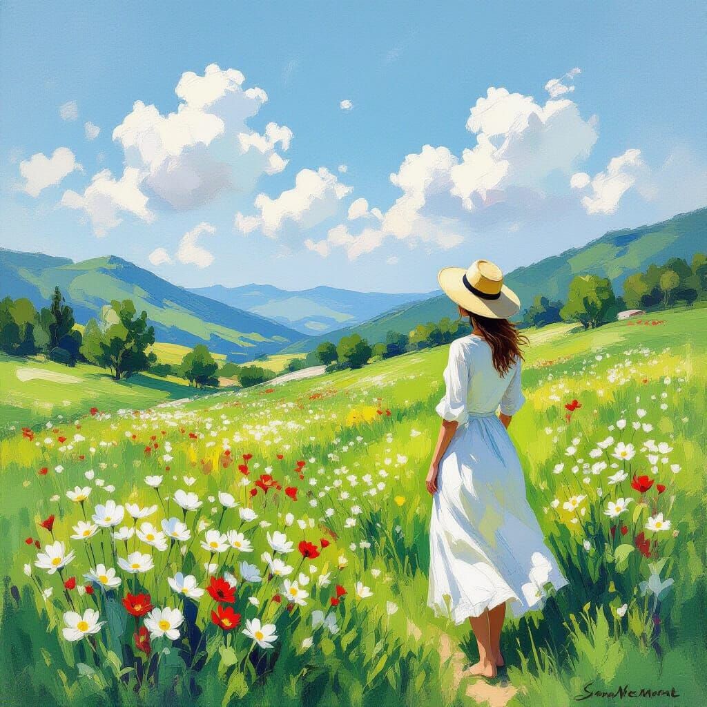 Impressionist Mountain Field of White Flowers