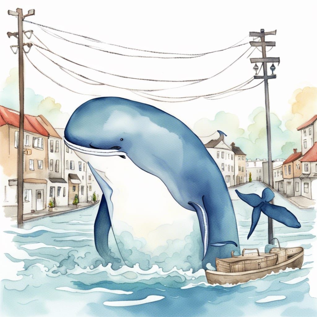 Watercolor Whale Swimming in Flooded Town