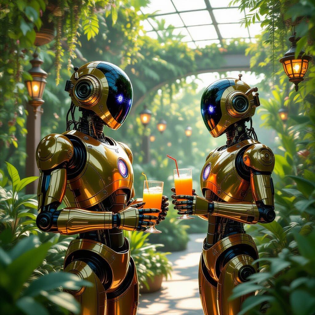 Steampunk Robot Butler in Solarpunk Garden