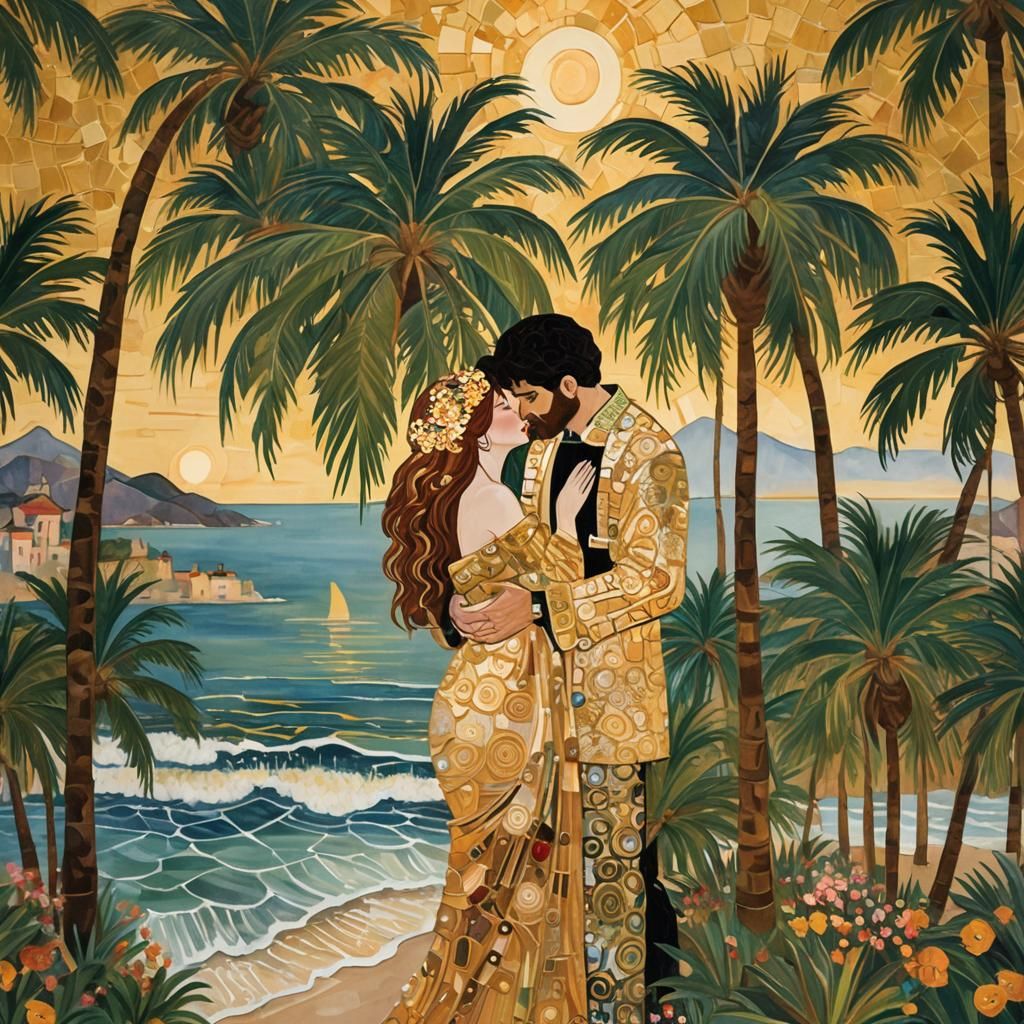 Golden Embrace Under Palms: Klimt-Inspired Ocean View
