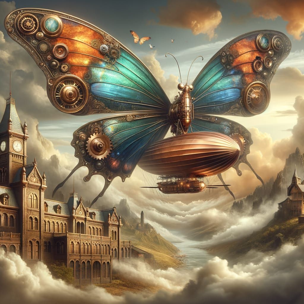 Steampunk Butterfly Airship Soaring Through Victorian Skies