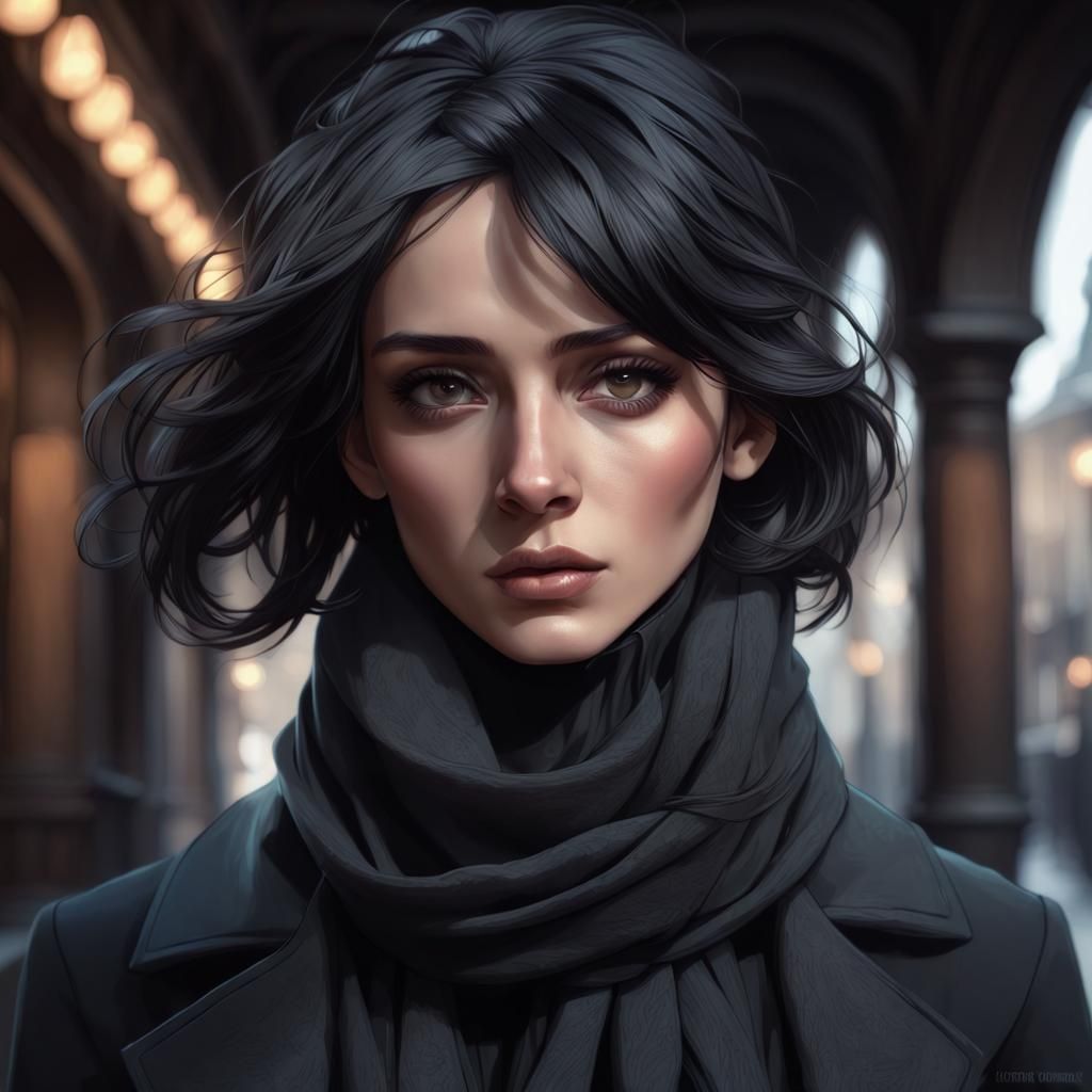 Shadowy Woman in Black: Digital Art Portrait