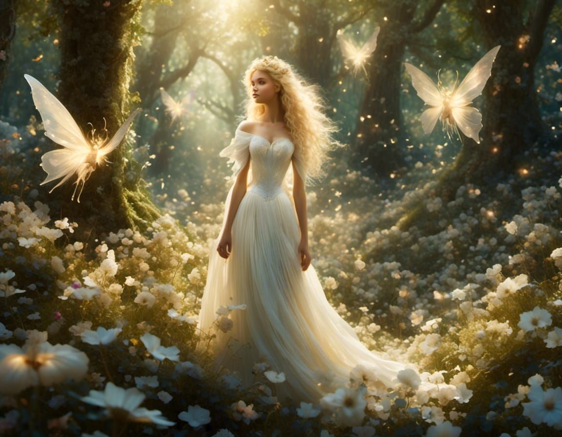 Fairies Surround Princess in Ethereal Forest