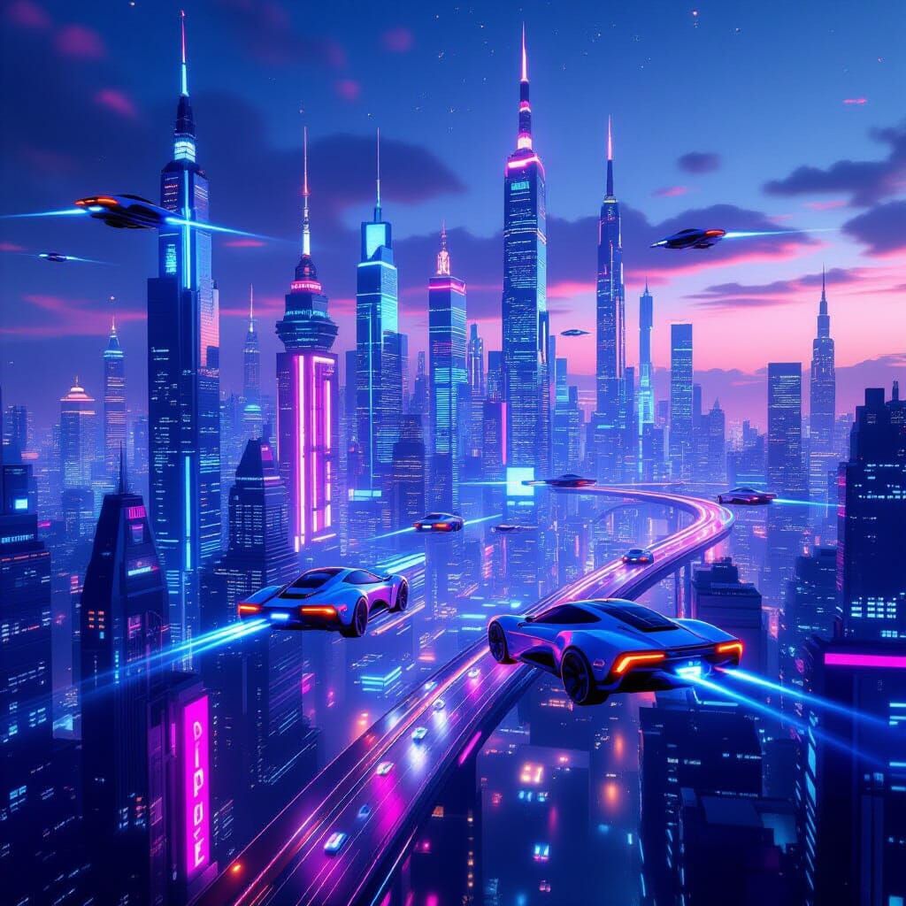 Futuristic City 2080 with Flying Cars and Neon Lights