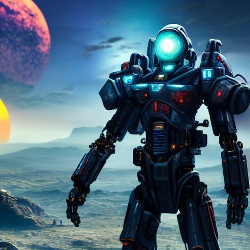 Epic Futuristic Terran Warrior Emerges Under Golden Sunset