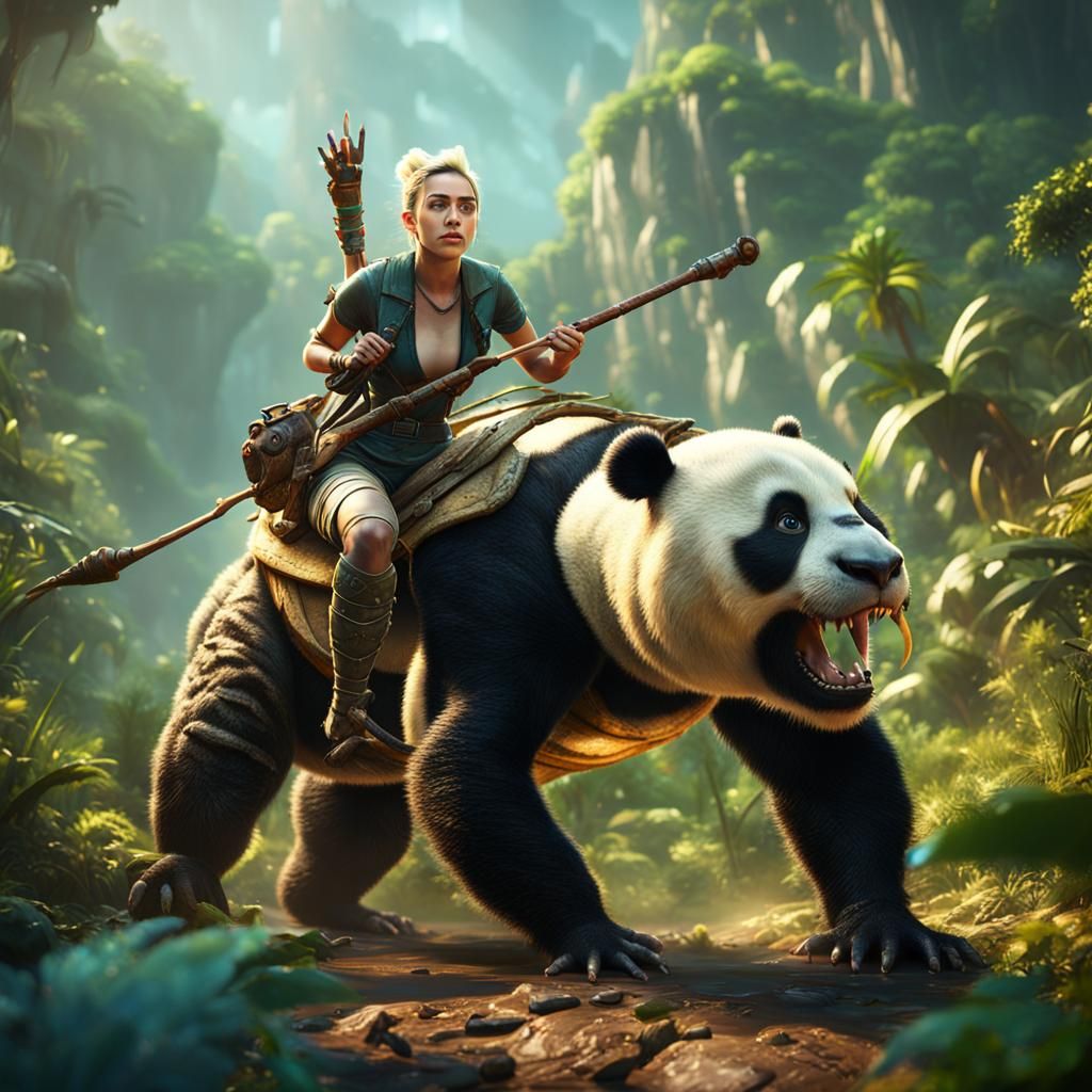 Woman Rides Scorpion Fighting Pandas: 3D Game Cinematic