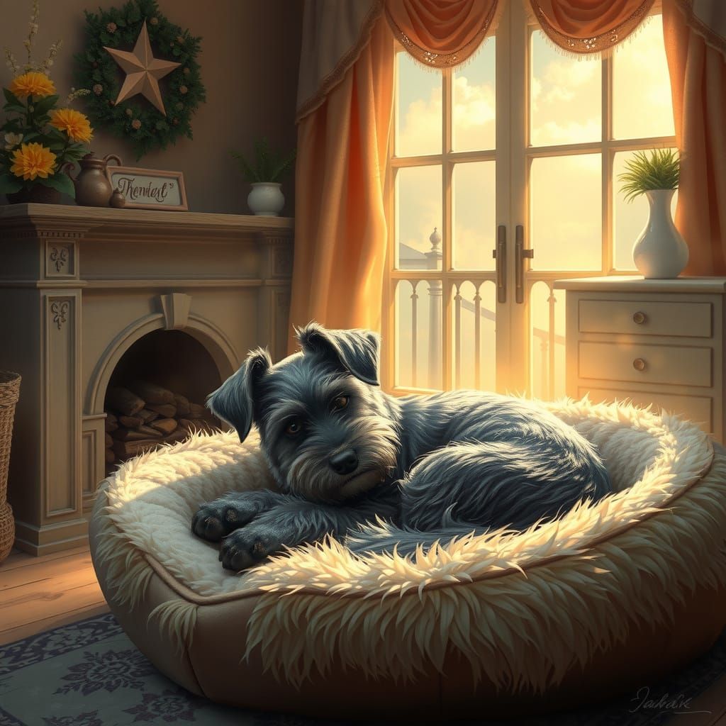 Whimsical Dog's Cozy Slumber in Warm, Golden Light