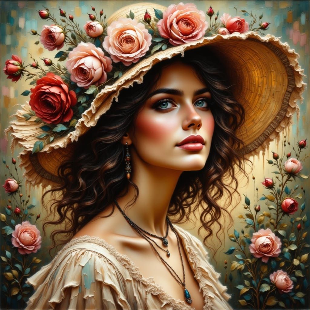 Elegant Woman in Rose-Adorned Hat, Pre-Raphaelite Style